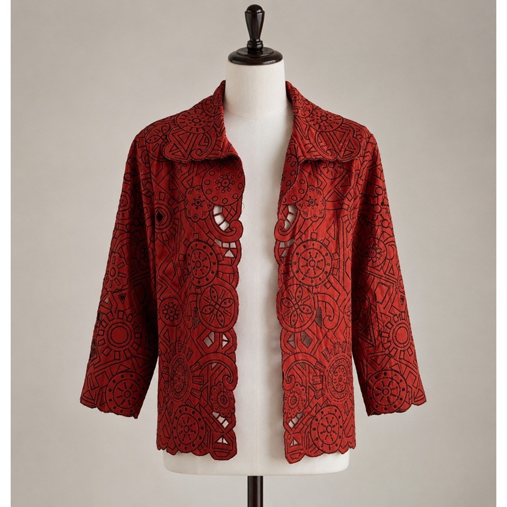 Taylor Scott Burnt Orange 3/4 Sleeve L Jacket Embroidered • Geometric Cutout NWT
